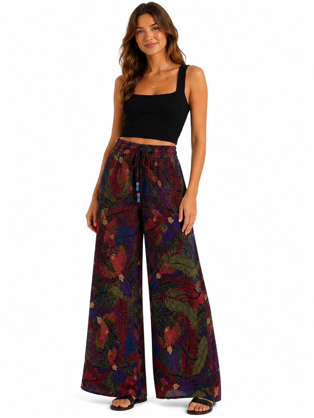 Rachel Zoe Tropical Parrot Print Wide Leg Pants 1X Pull On Beaded Tassels Boho